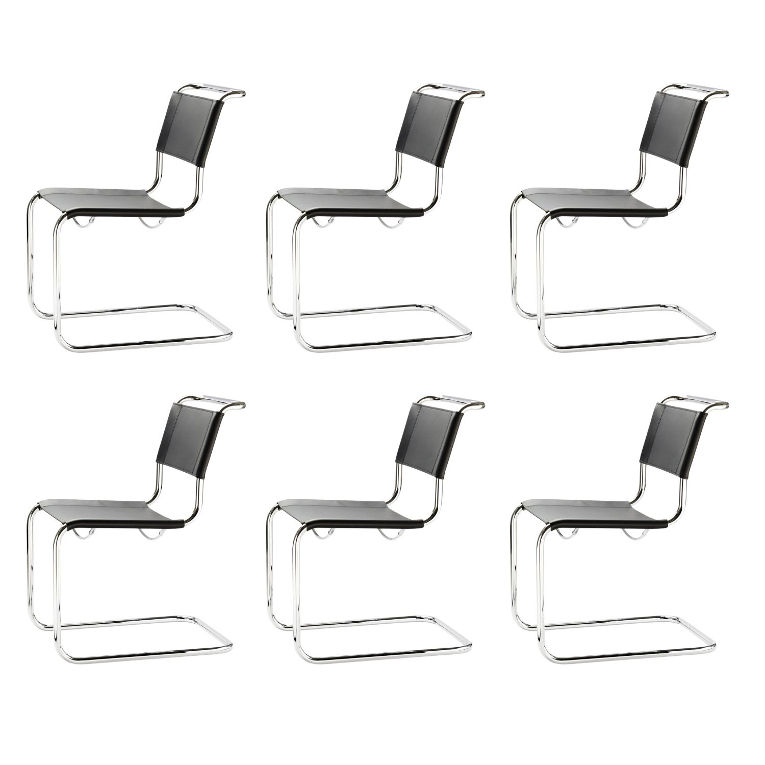 Thonet - S33 Stuhl chrom / Kernleder schwarz 6er Set
