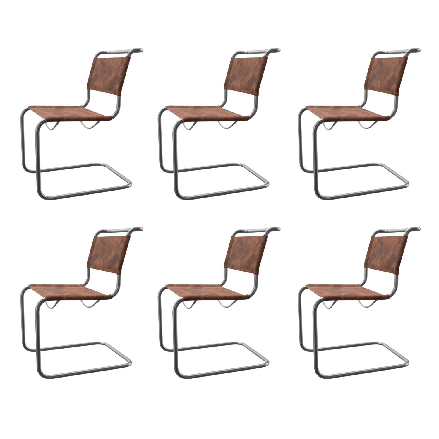 Thonet - S33 Stuhl chrom / Kernleder (Büffel) braun 6er Set